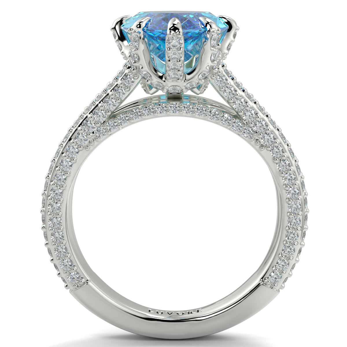 Elegant ring with a blue gemstone and diamond-studded band on a white background yb jewellers marquise split diamond engagement ring with diamond set band and diamond encrusted collet vintage marquise lab grown blue diamond ring