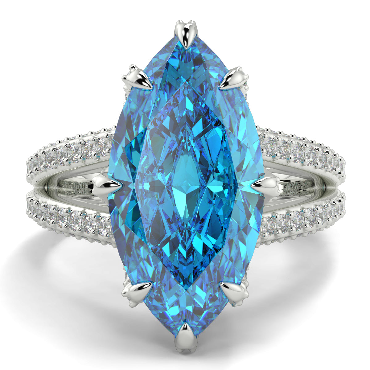 Ring with a blue gemstone and diamond-studded band on a white background yb jewellers marquise split diamond engagement ring with diamond set band and diamond encrusted collet vintage marquise lab grown blue diamond ring