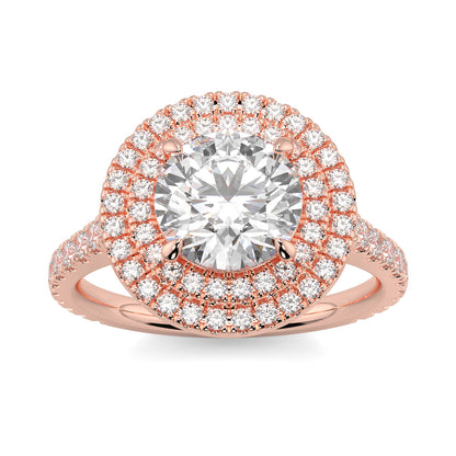 Rose gold ring with a large diamond and smaller diamonds on a white background yb jewellers round double halo engagement ring best seller trending