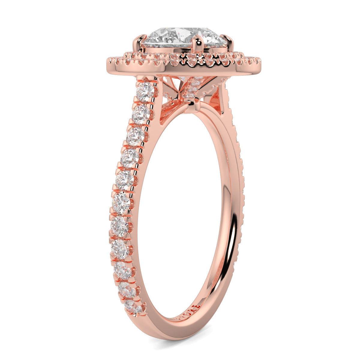 Rose gold ring with diamond accents on a white background yb jewellers round double halo engagement ring best seller trending 