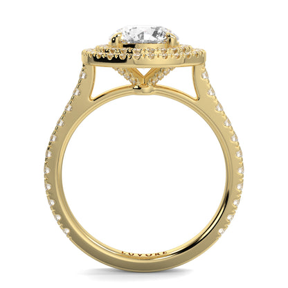 Gold ring with a diamond on a white background yb jewellers round double halo engagement ring best seller trending