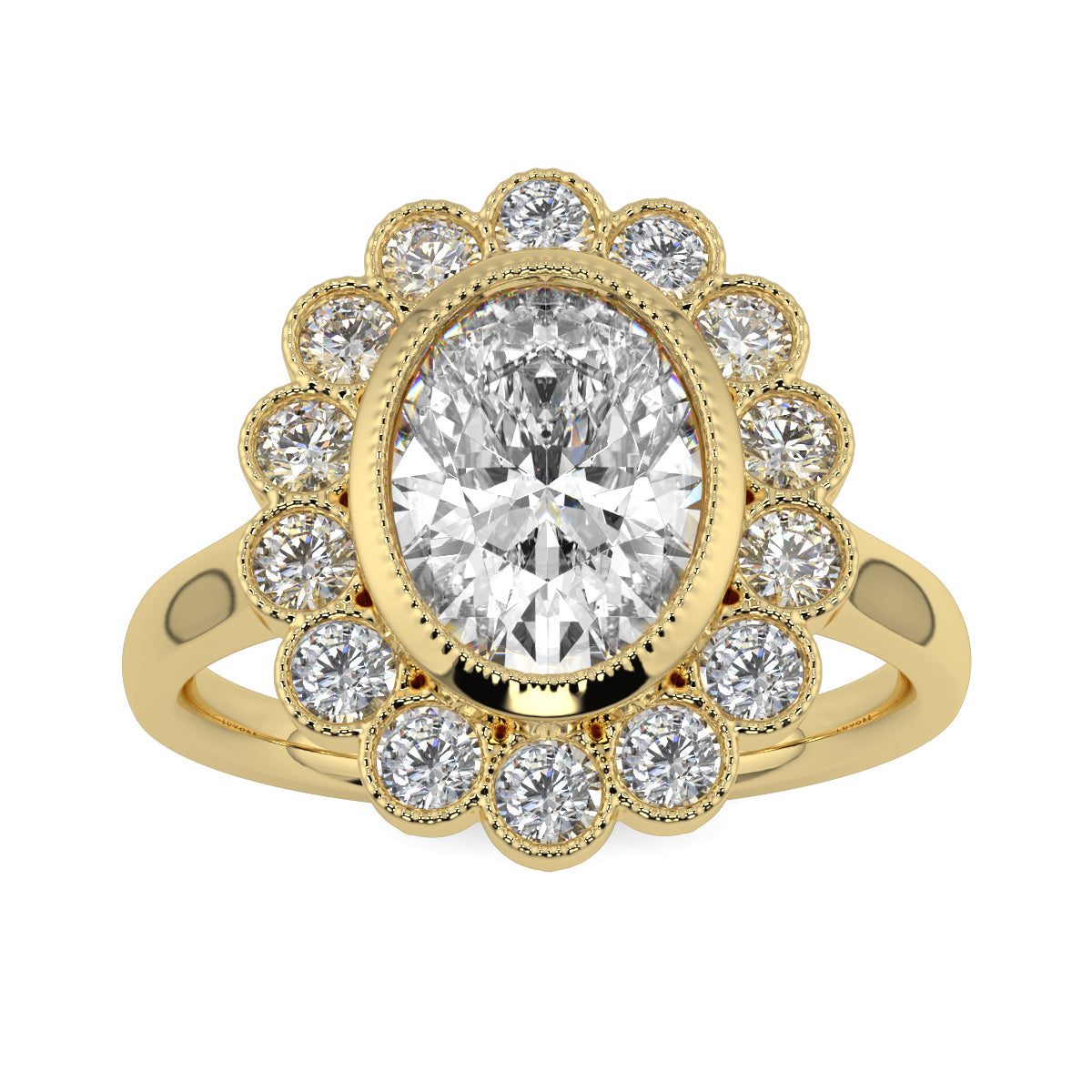 Gold ring with a large central diamond and smaller diamonds around on a white background yb jewellers cluster halo ring engagement ring grain set halo oval shape plain band