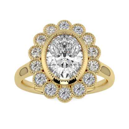 Gold ring with a large central diamond and smaller diamonds around on a white background yb jewellers cluster halo ring engagement ring grain set halo oval shape plain band