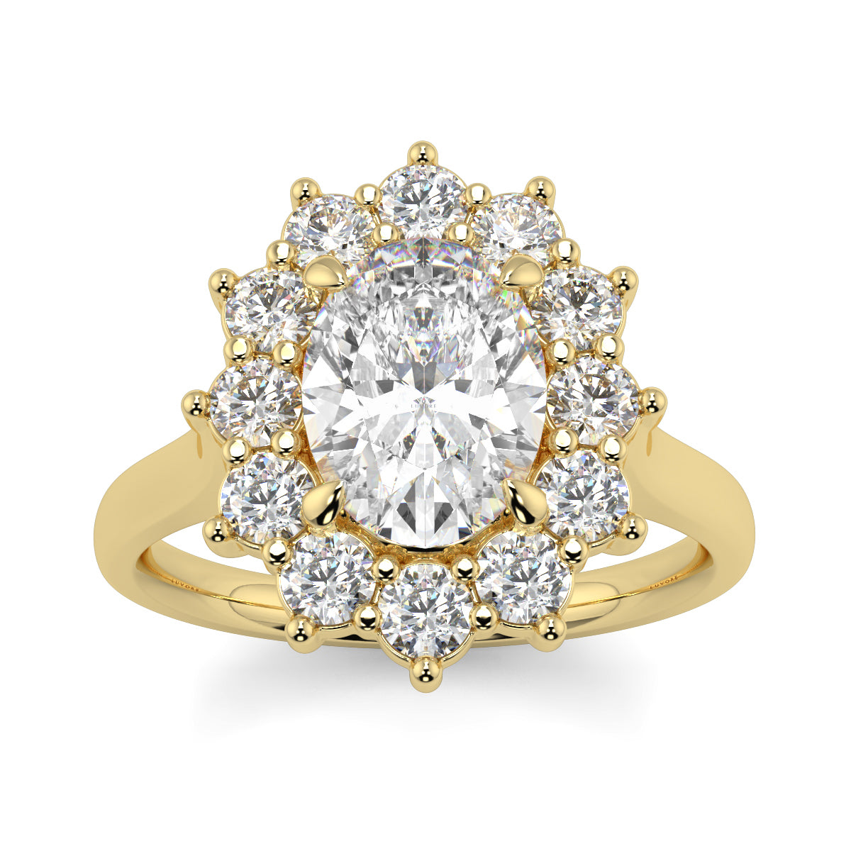 Gold ring with a large central diamond and smaller diamonds around on a white background Yb jewellers engagement ring with a cluster halo and oval diamond trending design 