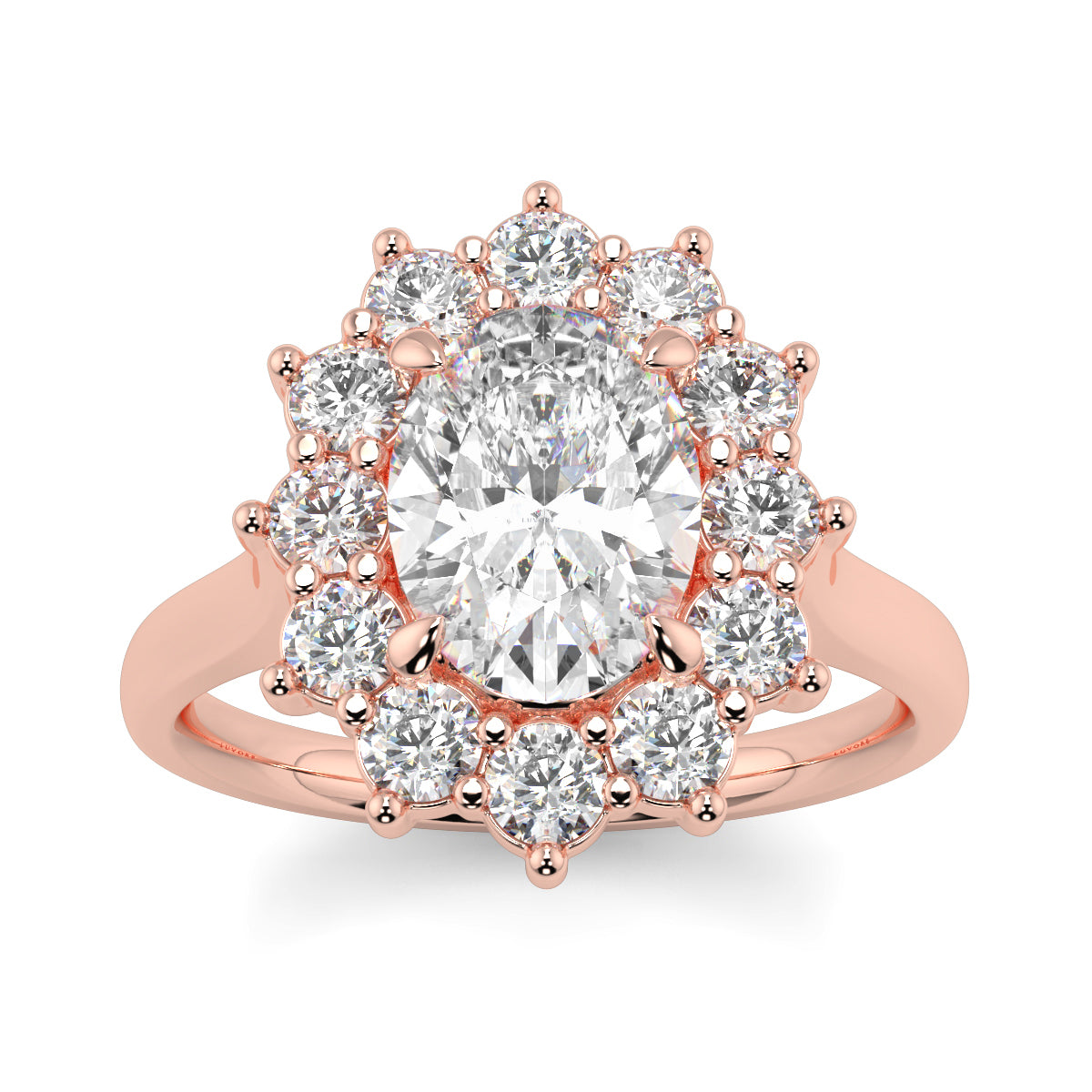 Rose gold ring with a large central diamond and smaller diamonds around on a white background Yb jewellers engagement ring with a cluster halo and oval diamond trending design 