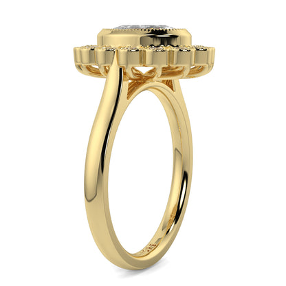 Gold ring with a diamond on a white background yb jewellers cluster halo ring engagement ring grain set halo oval shape plain band