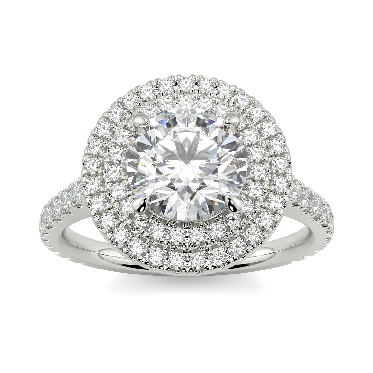 Diamond ring with a halo on a white background yb jewellers round double halo engagement ring best seller trending