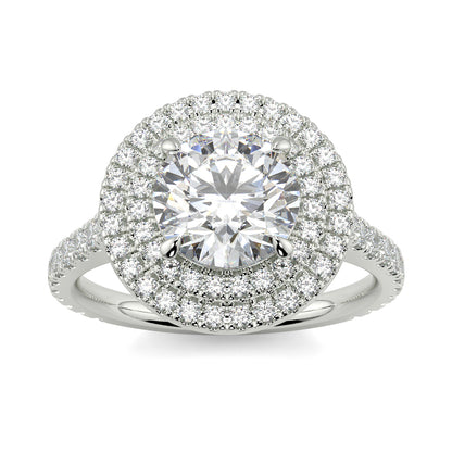 Diamond ring with a halo on a white background yb jewellers round double halo engagement ring best seller trending