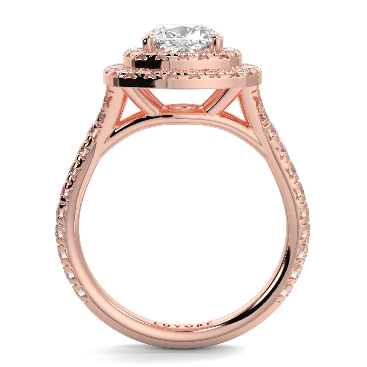 Rose gold ring with a diamond on a white background Yb jewellers trending design double halo ring