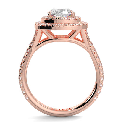 Rose gold ring with a diamond on a white background Yb jewellers trending design double halo ring