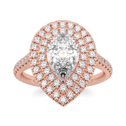 Rose gold ring with a pear-shaped diamond and smaller diamonds on a white background yb jewellers pear double halo ring best seller trending design
