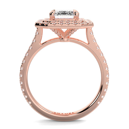 Rose gold ring with a diamond on a white background yb jewellers best selling ring designs emerald diamond double halo