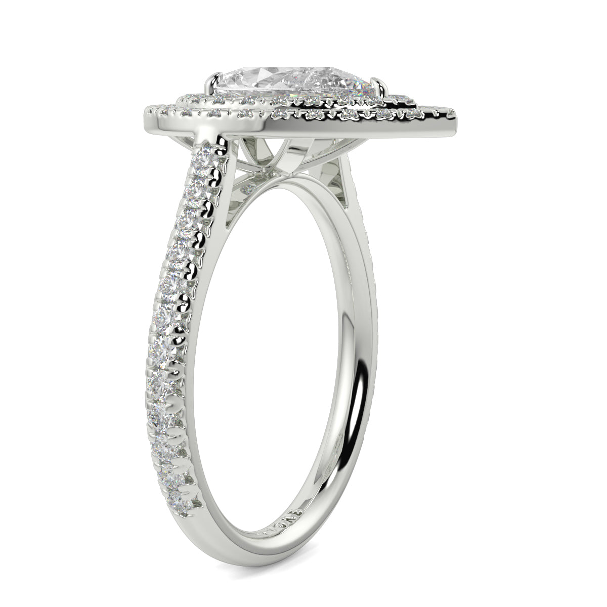 Silver ring with a diamond Halo on a white background yb jewellers pear double halo ring best seller trending design