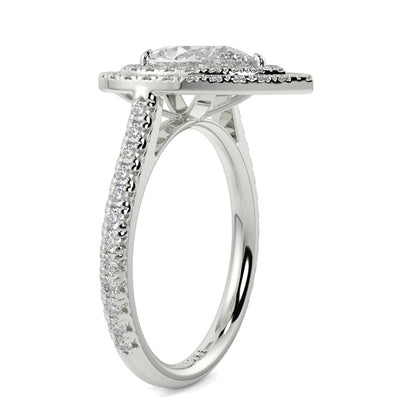 Silver ring with a diamond Halo on a white background yb jewellers pear double halo ring best seller trending design