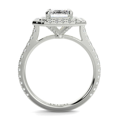 Diamond ring with a white gold band on a white background yb jewellers best selling ring designs emerald diamond double halo