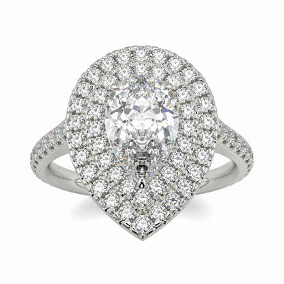Diamond ring with a pear-shaped center stone on a white background yb jewellers pear double halo ring best seller trending design