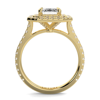 Gold ring with diamond accents on a white background yb jewellers best selling ring designs emerald diamond double halo