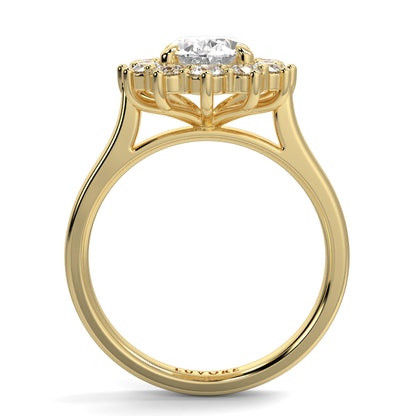 Gold ring with a diamond on a white background Yb jewellers engagement ring with a cluster halo and oval diamond trending design 
