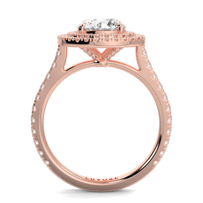 Rose gold ring with a diamond on a white background yb jewellers round double halo engagement ring best seller trending