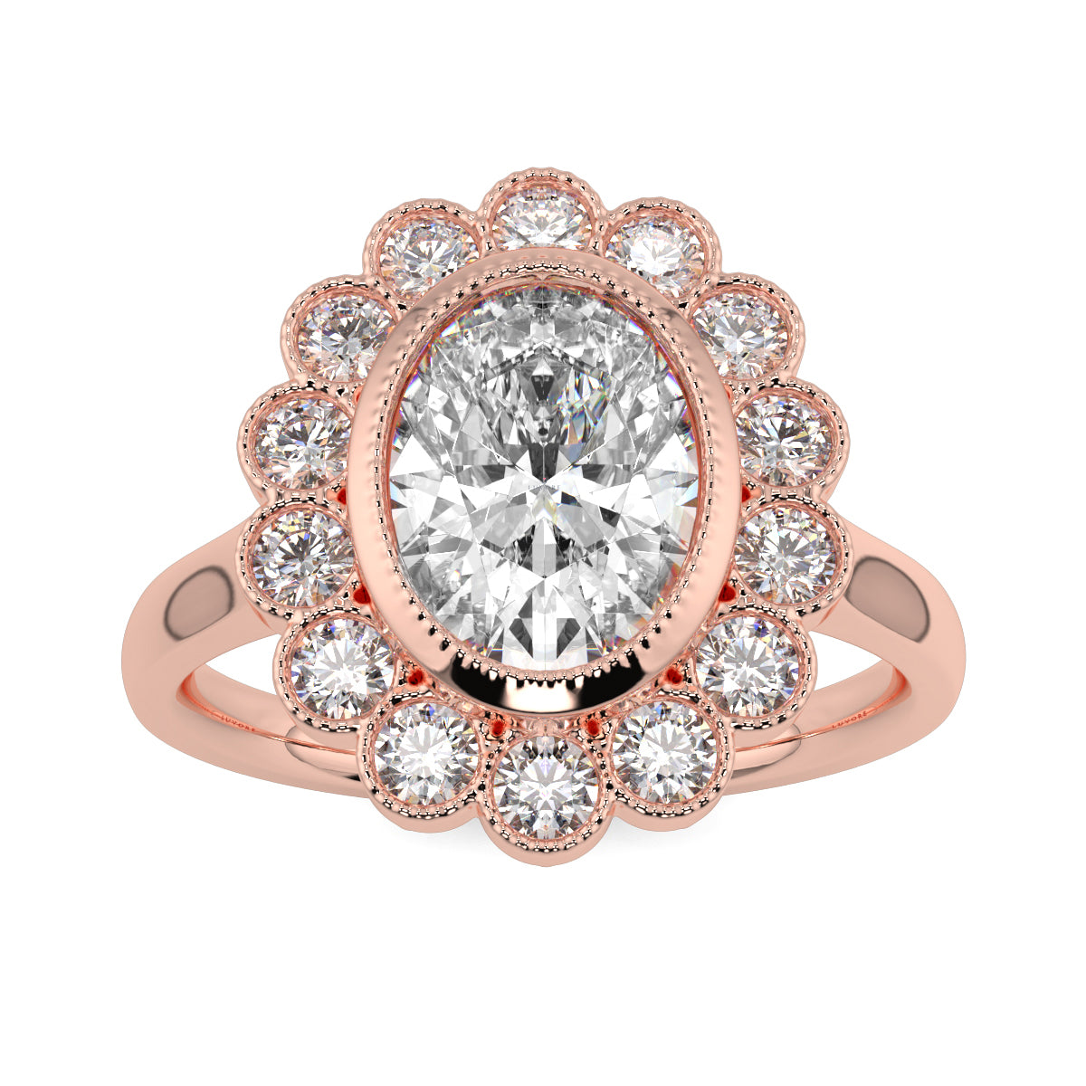 Rose gold ring with a large central diamond and smaller diamonds around on a white background yb jewellers cluster halo ring engagement ring grain set halo oval shape plain band