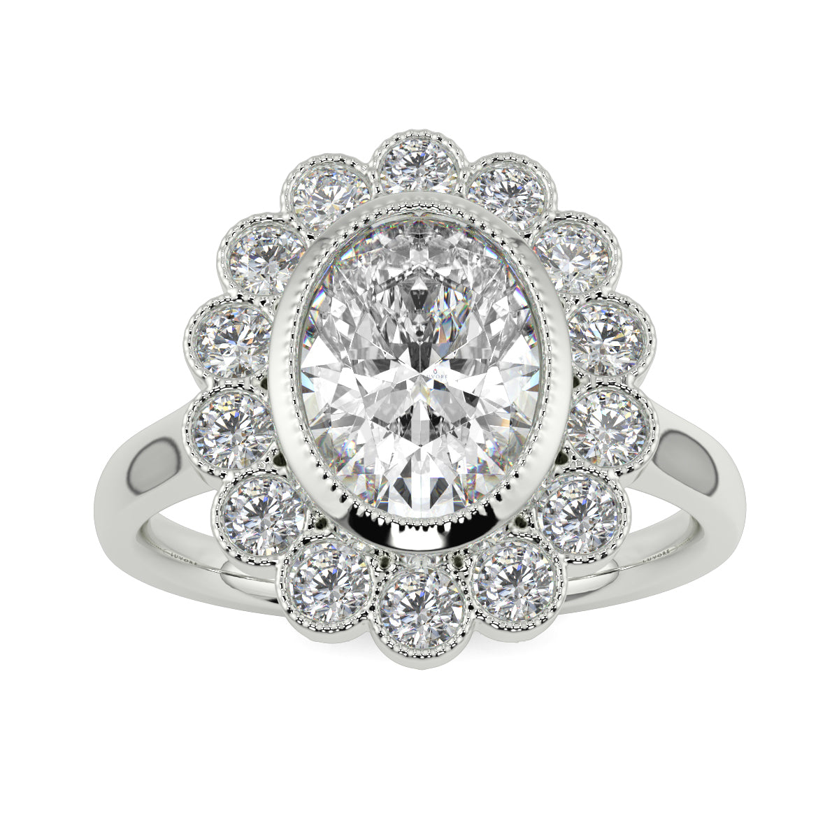 Diamond ring with a floral halo on a white background yb jewellers cluster halo ring engagement ring grain set halo oval shape plain band