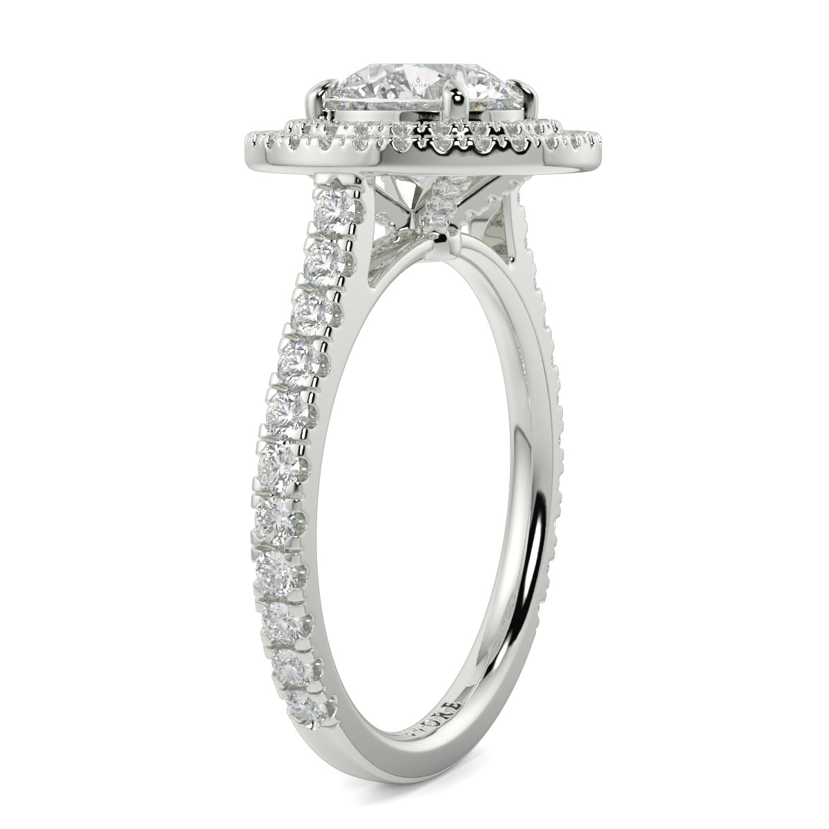 Diamond ring with a halo and pavé setting on a white background yb jewellers round double halo engagement ring best seller trending