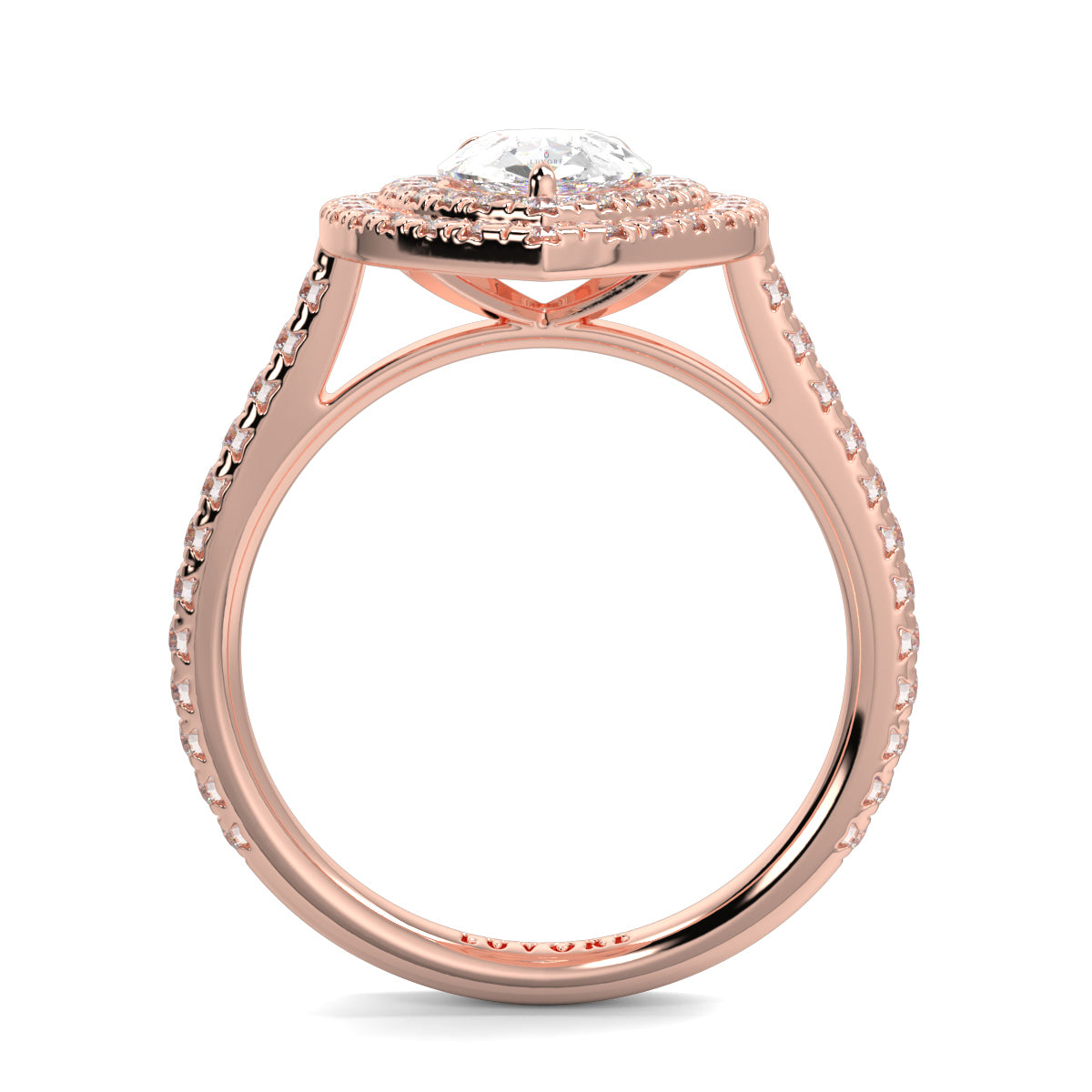 Rose gold ring with a diamond on a white background yb jewellers pear double halo ring best seller trending design