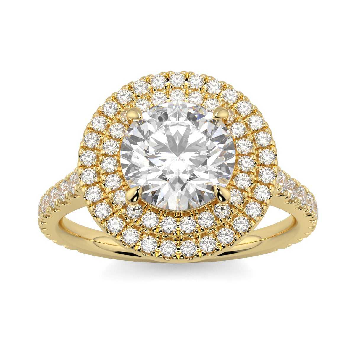 Gold ring with a large central diamond and smaller diamonds around on a white background yb jewellers round double halo engagement ring best seller trending