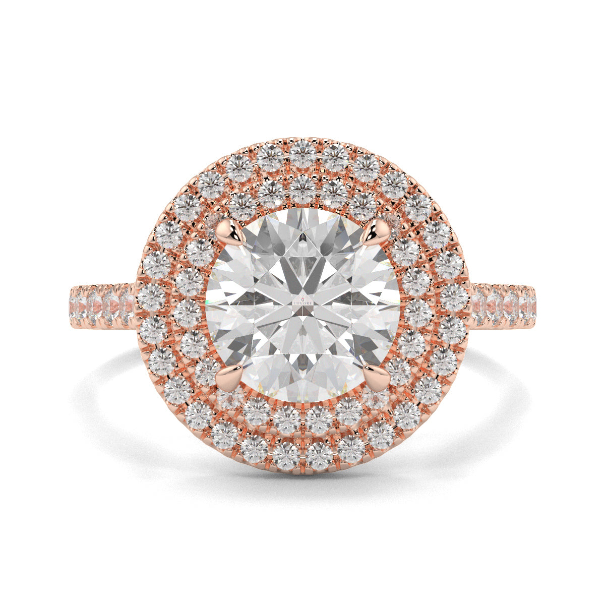 Rose gold ring with a large diamond and smaller diamonds on a white background yb jewellers round double halo engagement ring best seller trending