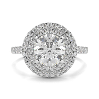 Diamond ring with a halo of smaller diamonds on a white background yb jewellers round double halo engagement ring best seller trending