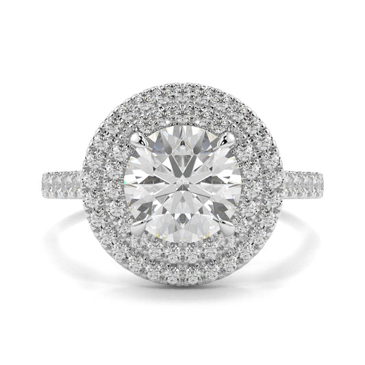 Diamond ring with a halo of smaller diamonds on a white background yb jewellers round double halo engagement ring best seller trending