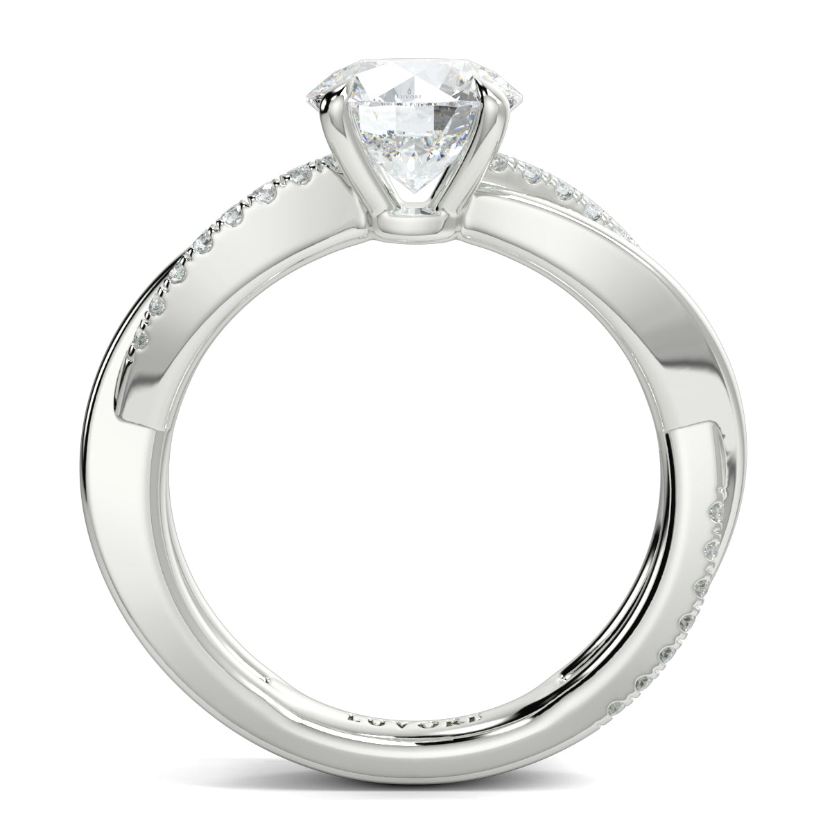 Diamond ring with a clear gemstone on a white background YB jewellers engagement ring twist band 