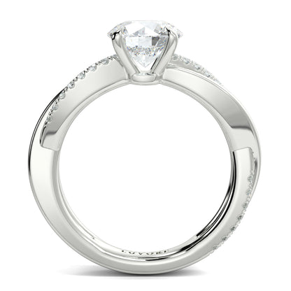 Diamond ring with a clear gemstone on a white background YB jewellers engagement ring twist band 