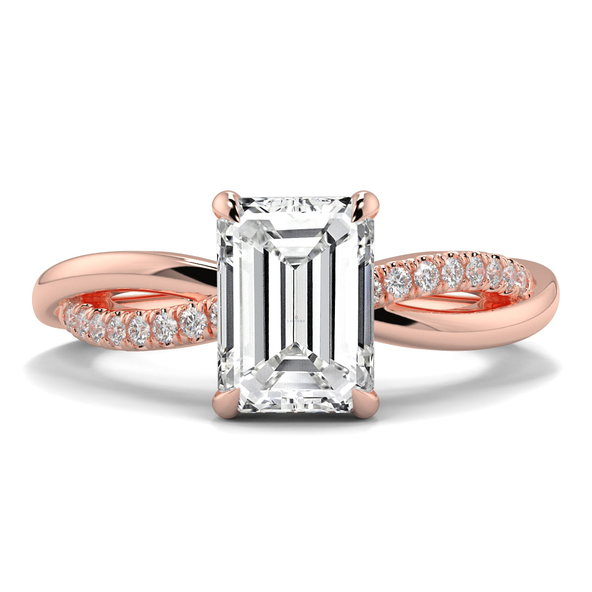 Rose gold ring with emerald-cut diamond and smaller diamonds on a white background Yb jewellers engagement ring twist band