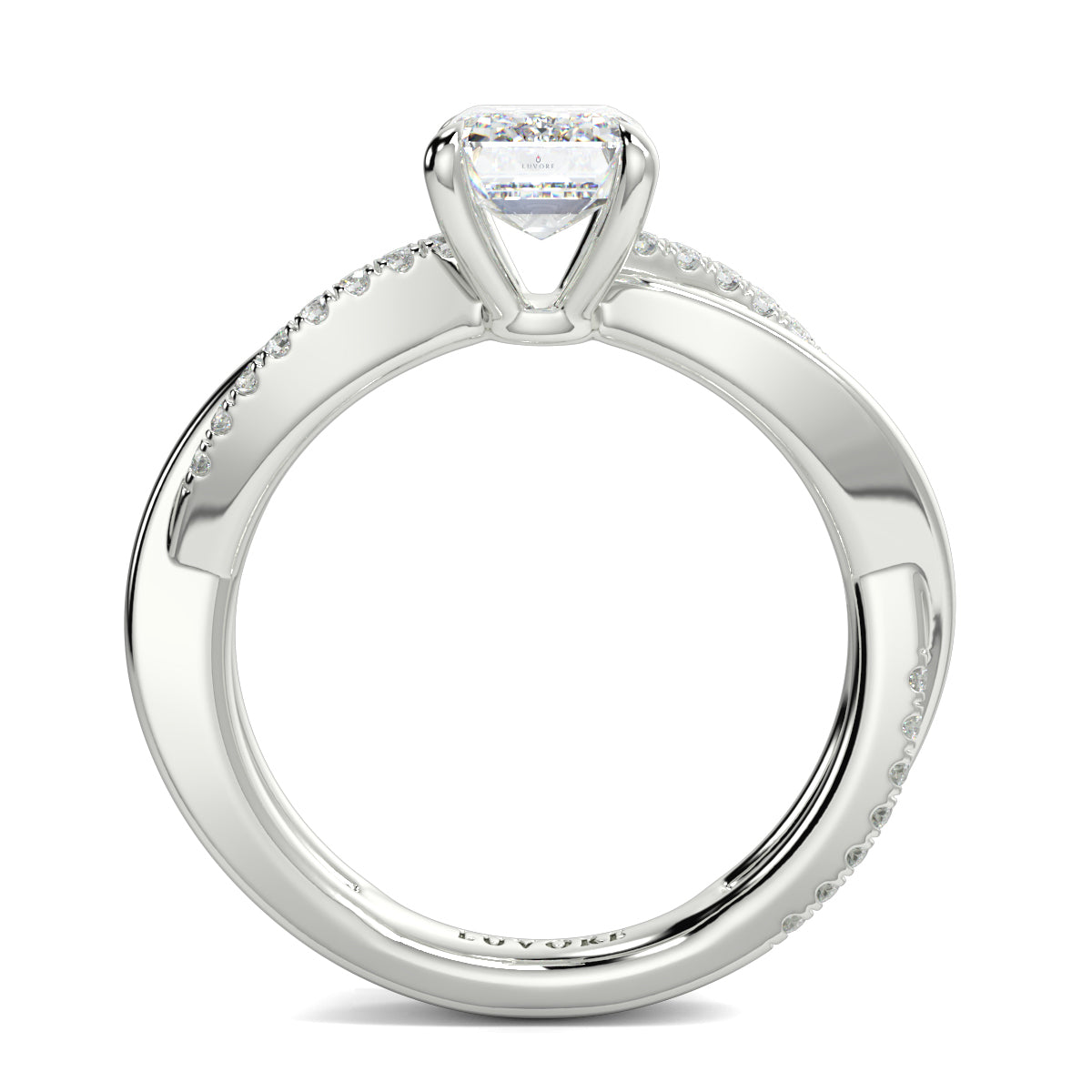 Diamond ring with a clear gemstone on a white background Yb jewellers engagement ring twist band