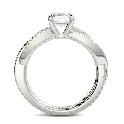 Diamond ring with a clear gemstone on a white background Yb jewellers engagement ring twist band