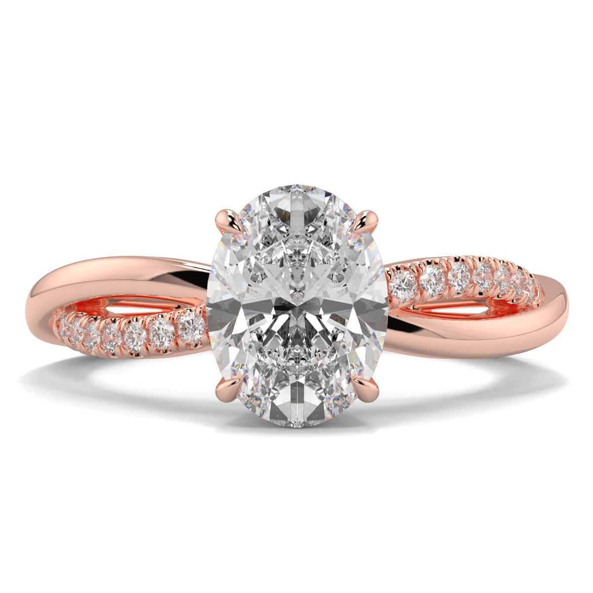 Rose gold ring with a large diamond and smaller diamonds on the band against a white background Yb jewellers engagement ring twist band