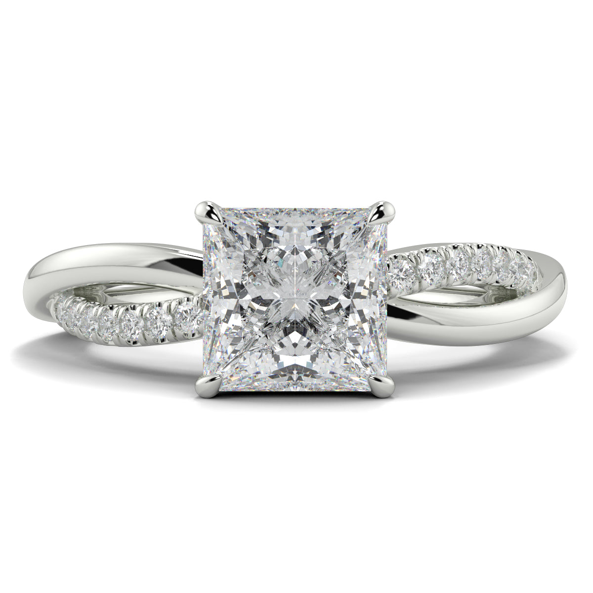 Diamond ring with a square-cut gemstone on a white background Yb jewellers engagement ring twist band