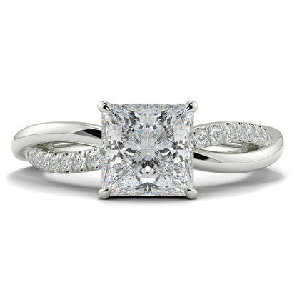 Diamond ring with a square-cut gemstone on a white background Yb jewellers engagement ring twist band