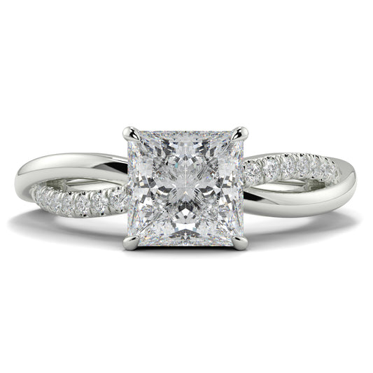 Diamond ring with a square-cut gemstone on a white background Yb jewellers engagement ring twist band