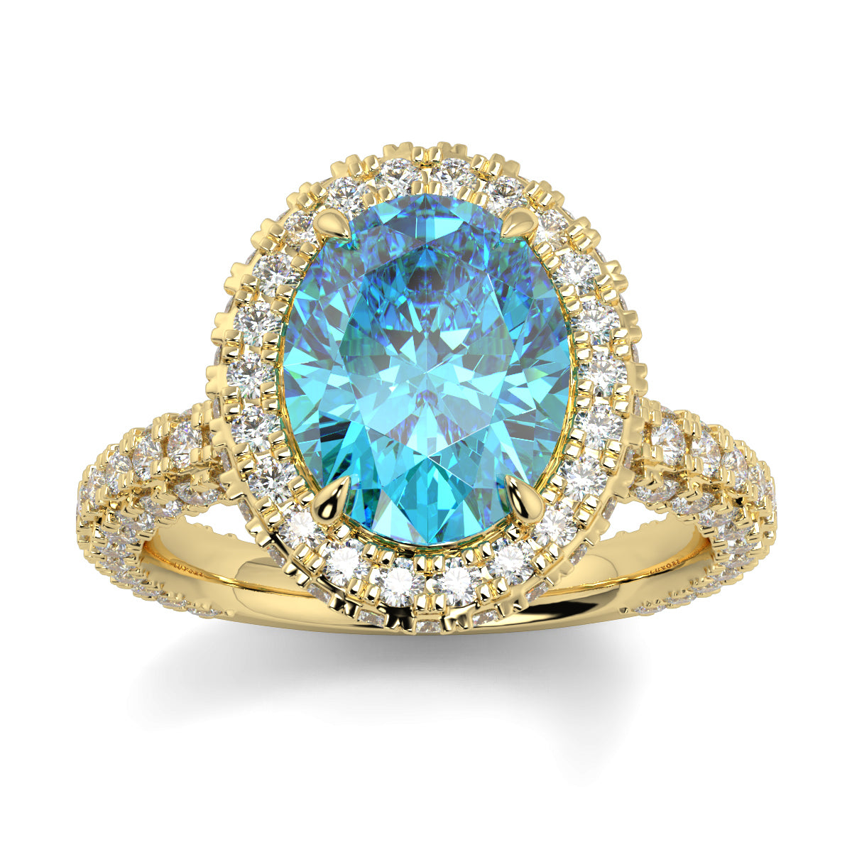 Gold ring with a blue gemstone and diamond accents on a white background oval diamond halo lab grown blue diamond engagement ring - 18k yellow gold diamond ring