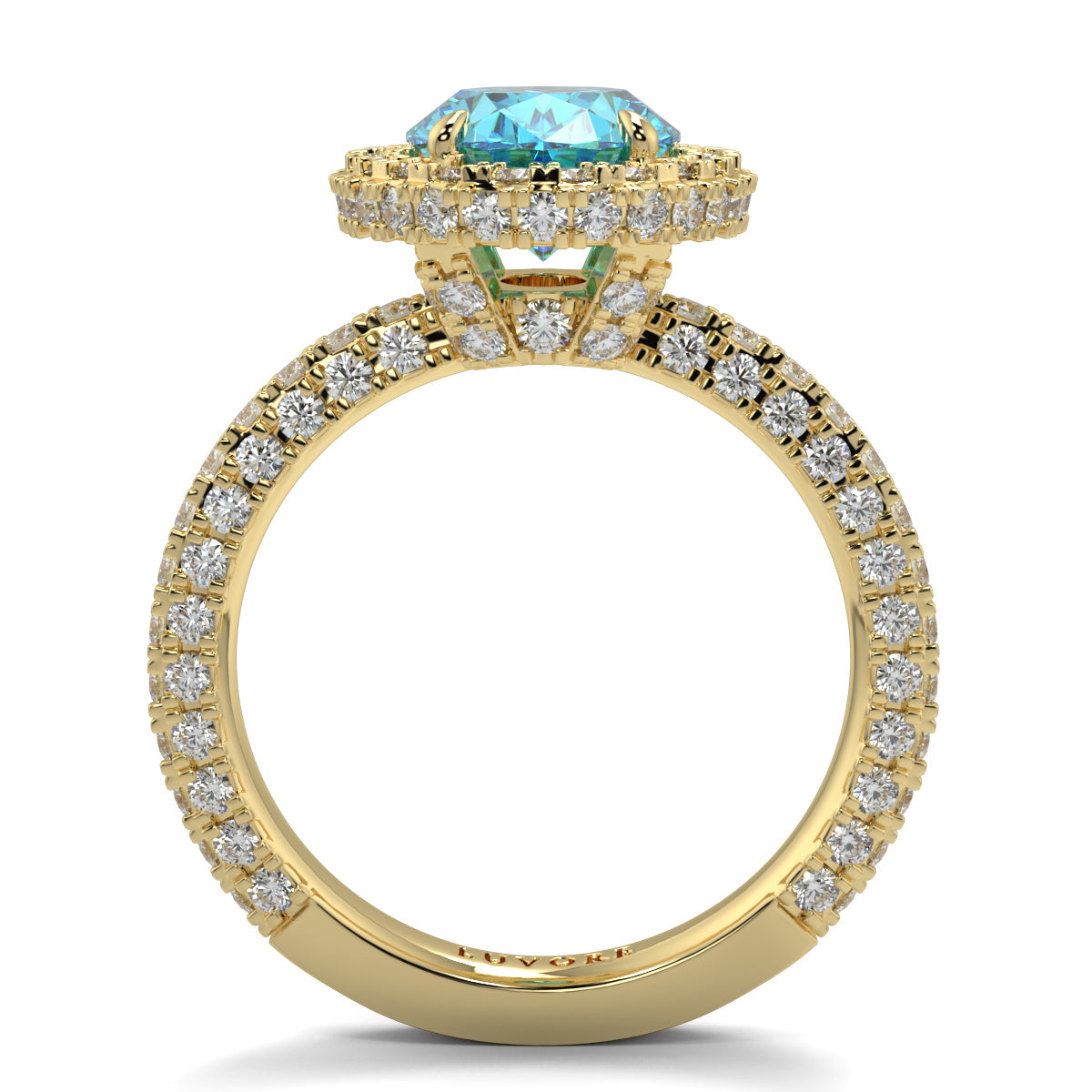 Gold ring with a blue gemstone and diamond accents on a white background oval diamond halo lab grown blue diamond engagement ring - 18k yellow gold diamond ring