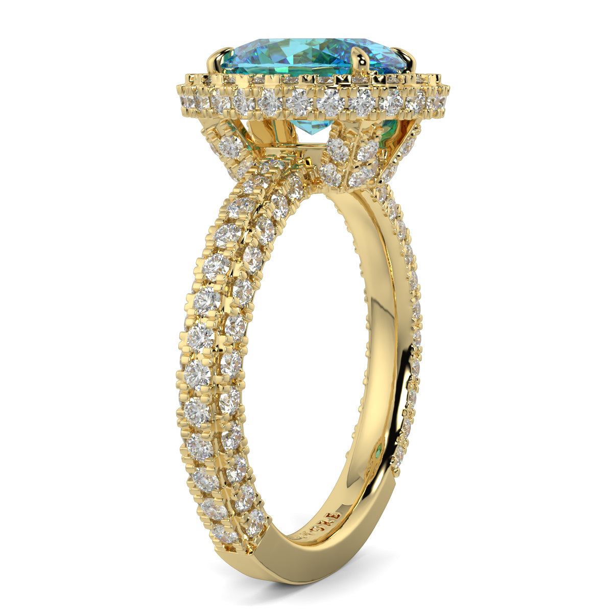 Gold ring with a blue gemstone and diamond accents on a white background oval diamond halo lab grown blue diamond engagement ring - 18k yellow gold diamond ring