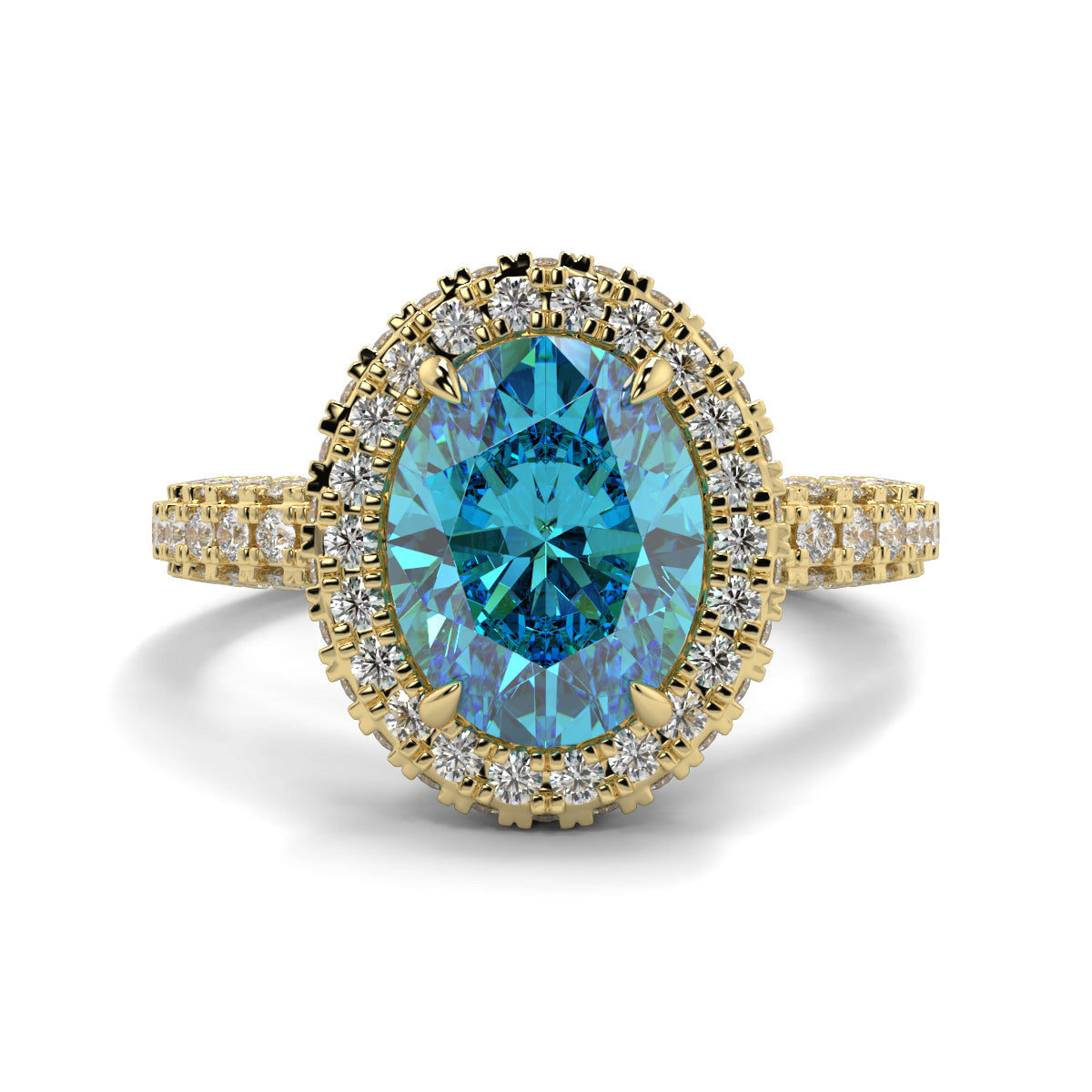 Gold ring with a blue gemstone and diamond accents on a white background oval diamond halo lab grown blue diamond engagement ring - 18k yellow gold diamond ring