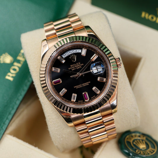 Rolex Day-Date II Rose Gold Ruby Dial 218235 - Full Set (2013)