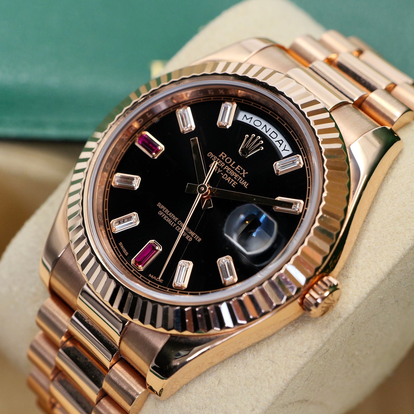 Rolex Day-Date II Rose Gold Ruby Dial 218235 - Full Set (2013)
