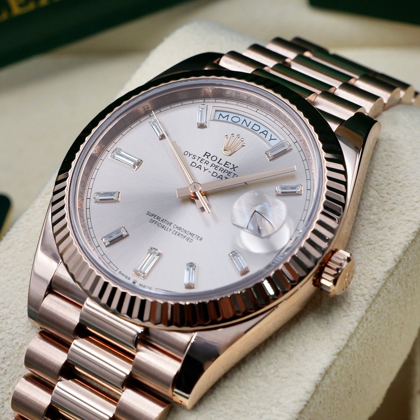 Rolex Day-Date 40 Sundust Baguette Dial 228235 - Full Set (2022)
