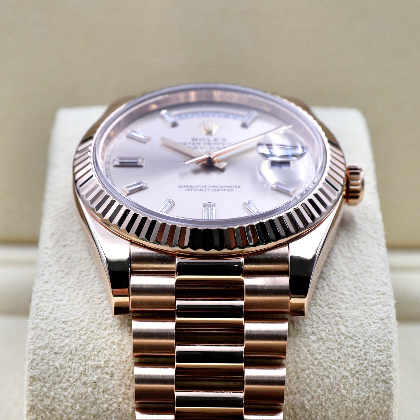 Rolex Day-Date 40 Sundust Baguette Dial 228235 - Full Set (2022)