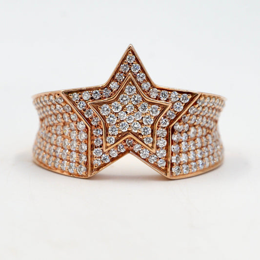 Star-shaped ring with rose gold and clear gemstones on a white background