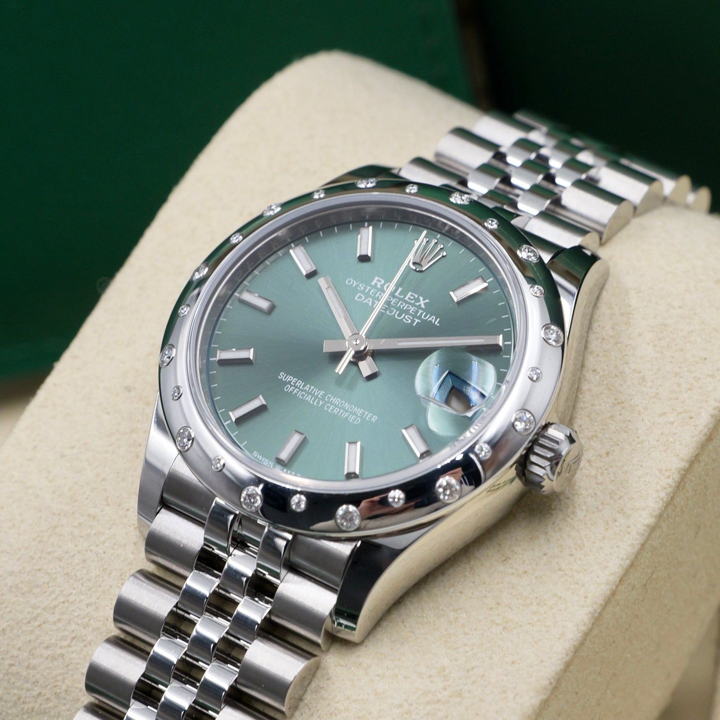 Rolex Datejust 31 Green Dial Domed Diamond Set Bezel 278344RBR - Full Set (2025)